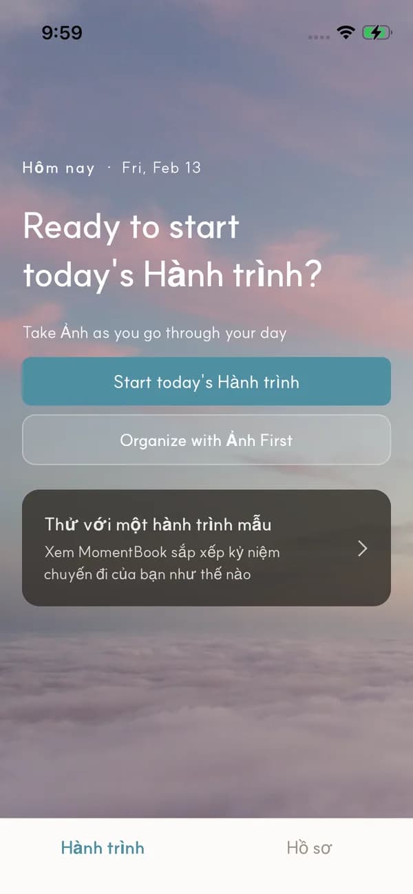 Màn hình chính của ứng dụng MomentBook