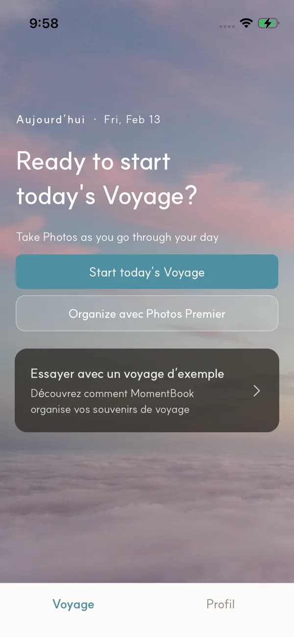 Écran d'accueil de l'app MomentBook