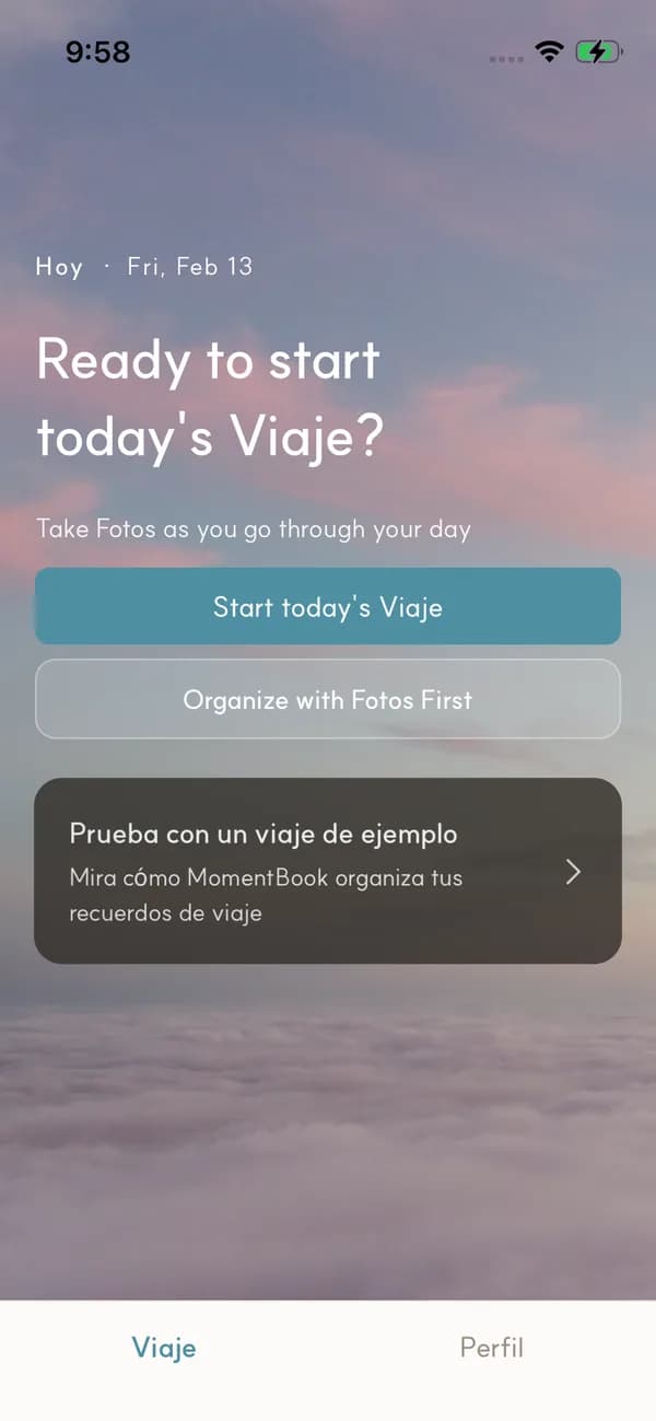 Pantalla de inicio de la app MomentBook